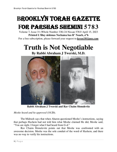 Brooklyn Torah Gazette — Parshas Shemini
