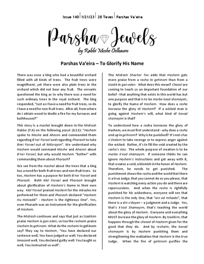 Parsha Jewels — Parshas Vaeira