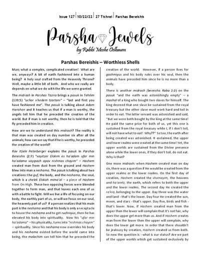 Parsha Jewels — Parshas Bereishis