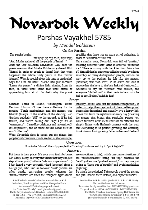 Novardok weekly — Parshas Vayak'hel