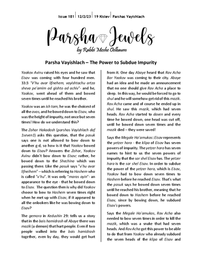 Parsha Jewels — Parshas Vayishlach