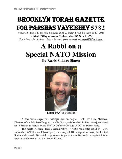 Brooklyn Torah Gazette — Parshas Vayeishev