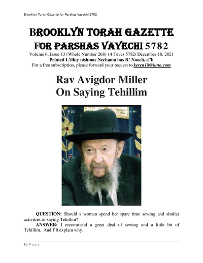 Brooklyn Torah Gazette — Parshas Vayechi