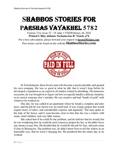 Shabbos Stories — Parshas Vayak'hel