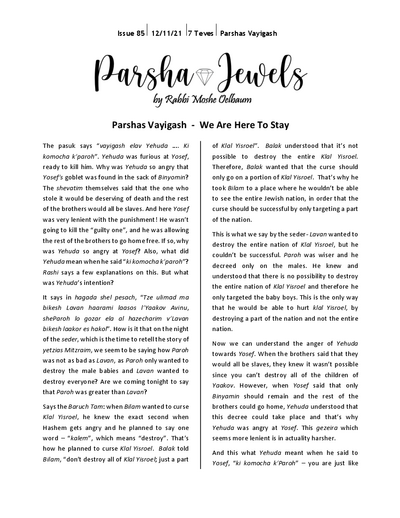 Parsha Jewels — Parshas Vayigash