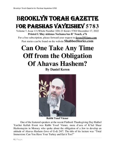 Brooklyn Torah Gazette — Parshas Vayeishev