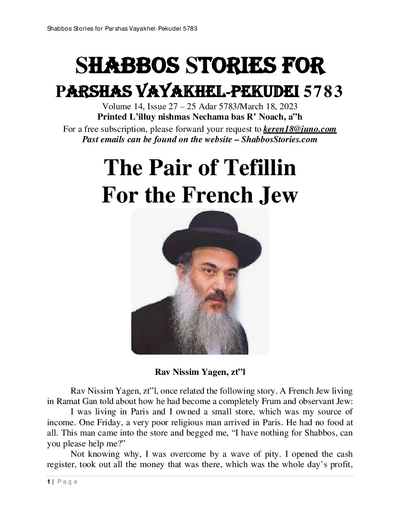 Shabbos Stories — Parshas Vayakhel/Pekudei