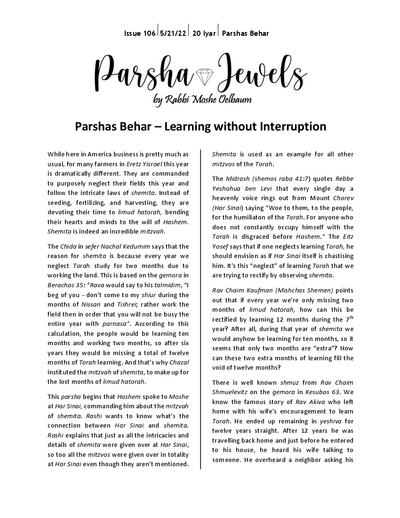 Parsha Jewels — Parshas Behar