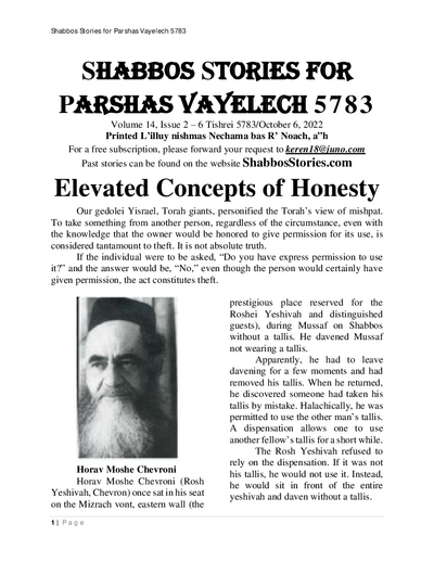Shabbos Stories — Parshas Vayelech