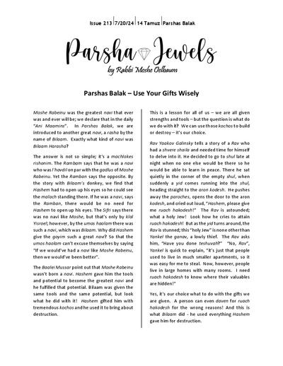 Parsha Jewels — Parshas Balak