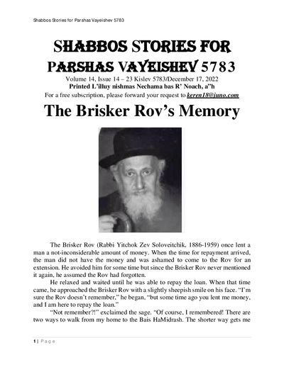 Shabbos Stories — Parshas Vayeishev
