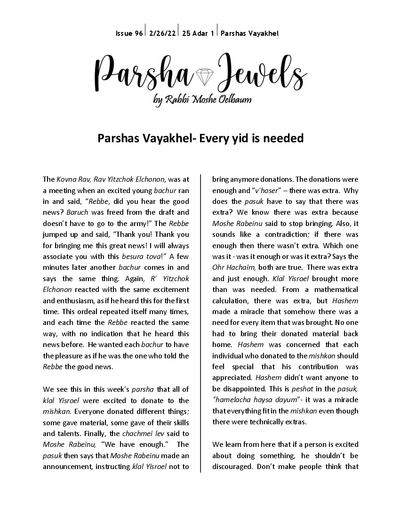 Parsha Jewels — Parshas Vayak'hel