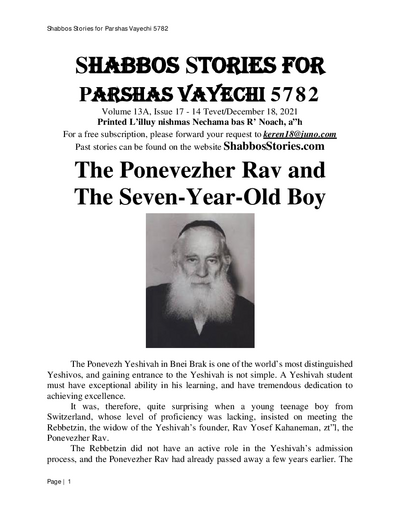 Shabbos Stories — Parshas Vayechi