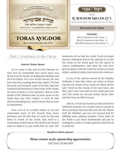 Toras Avigdor — Parshas Vayakhel/Pekudei