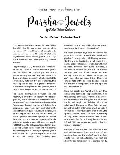 Parsha Jewels — Parshas Behar
