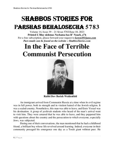 Shabbos Stories — Parshas Behaalotcha