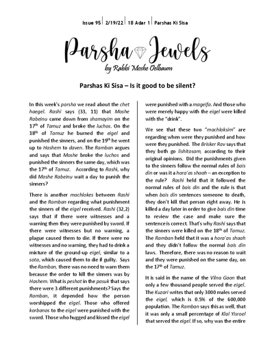 Parsha Jewels — Parshas Ki Sisa