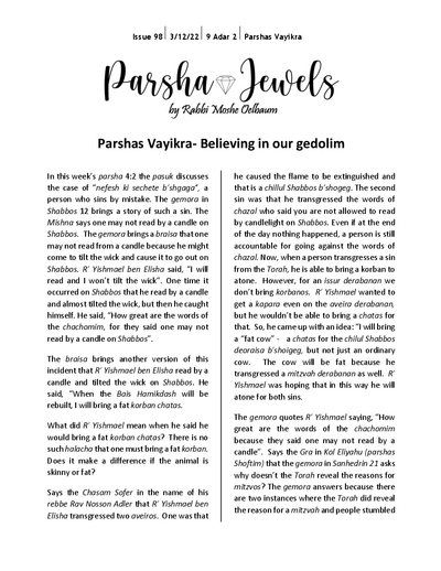 Parsha Jewels — Parshas Vayikra