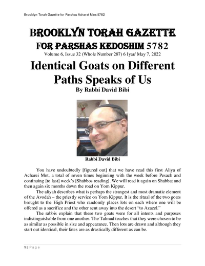 Brooklyn Torah Gazette — Parshas Kedoshim