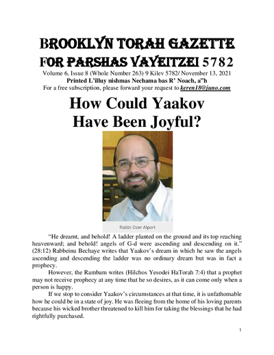 Brooklyn Torah Gazette — Parshas Vayeitzei